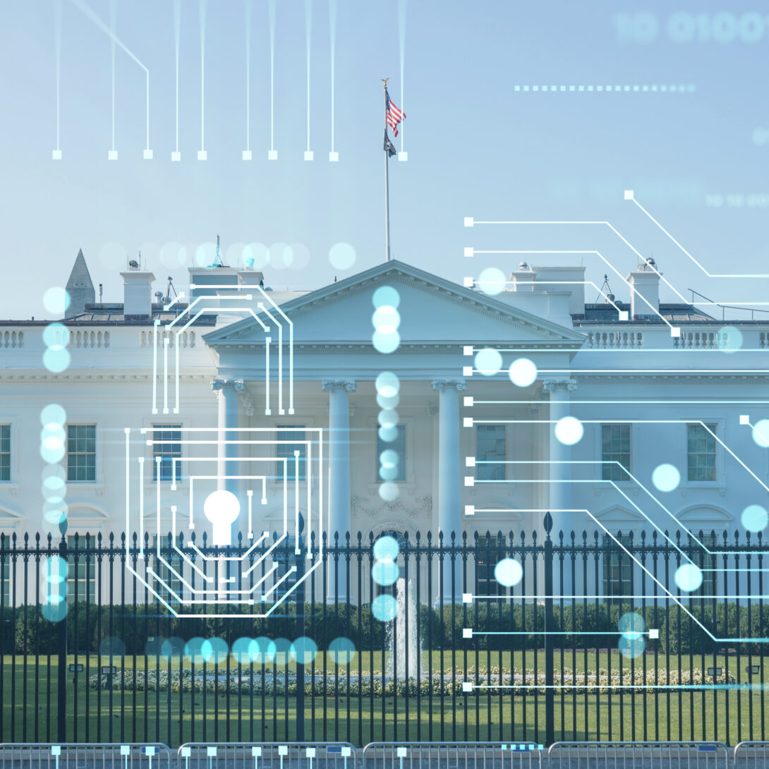 White house with coding graphics over it.