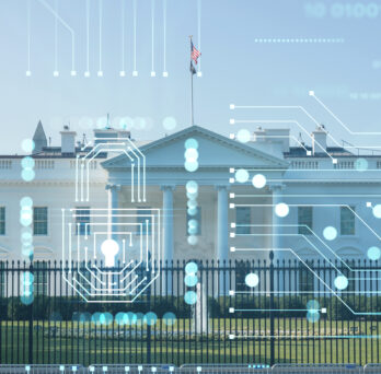 White house with coding graphics over it. 