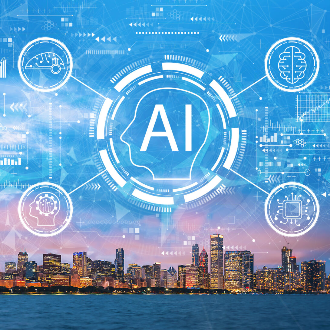 AI concept graphic over the skyline of chicago and lake michigan
