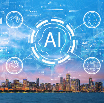 AI concept graphic over the skyline of chicago and lake michigan 
